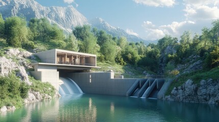 Fototapeta premium An advanced hydroelectric facility integrated with a natural landscape, blending technology and nature