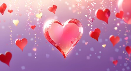 Purple banner background with red heart shaped decorations for anniversary and valentine