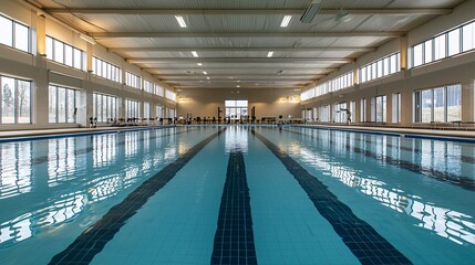 Indoor swimming pool with lanes, high ceilings, and large windows.