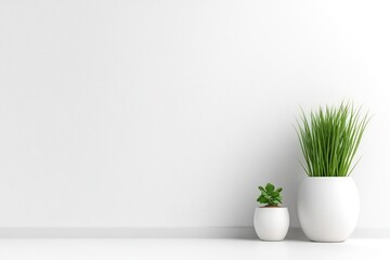 Modern Living Room Interior with Wooden Shelf Wall Decor and Greenery in White Plant Pot on White Background - 3D Rendering