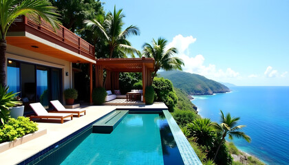 Luxurious villa infinity pool ocean travel background