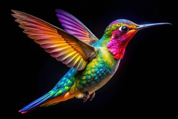 Fototapeta premium Artistic double exposure captures a colorful hummingbird, set against a black backdrop, creating a surreal wildlife image.
