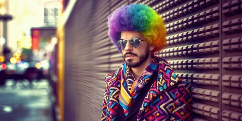 Obraz premium Man with colorful afro in patterned coat against textured wall