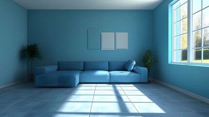 A 3D rendering of a living room with a blue sofa and matching blue wall showcases a modern interior design concept