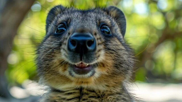 Quokka smiling in natural habitat with blurred forest background AI