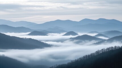 Misty Mountains Rolling Through Foggy Valley