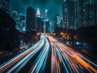 Fototapeta premium Futuristic Cyberpunk Cityscape with Neon Light Trails from Fast-Moving Cars and Illuminated Skyscrapers at Night