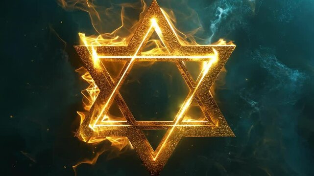 Golden star of David illuminated by fiery light on dark background, symbolizing spirituality and divine energy. ai