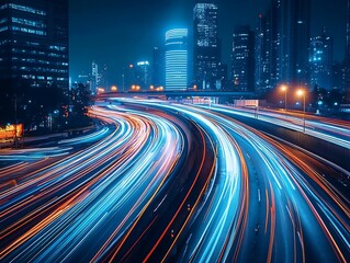 Fototapeta premium Futuristic Cyberpunk Cityscape with Neon Light Trails from Fast-Moving Cars and Illuminated Skyscrapers at Night