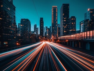 Fototapeta premium Futuristic Cyberpunk Cityscape with Neon Light Trails from Fast-Moving Cars and Illuminated Skyscrapers at Night