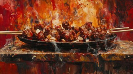 Grilled meat skewers sizzling on a hot pan with flames in the background.