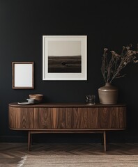 Framed landscape photo on dark wall above mid-century modern console table.
