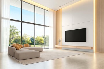 Cozy Modern Living Room with Large Window and Wooden Paneling - 3D Rendered Home Design