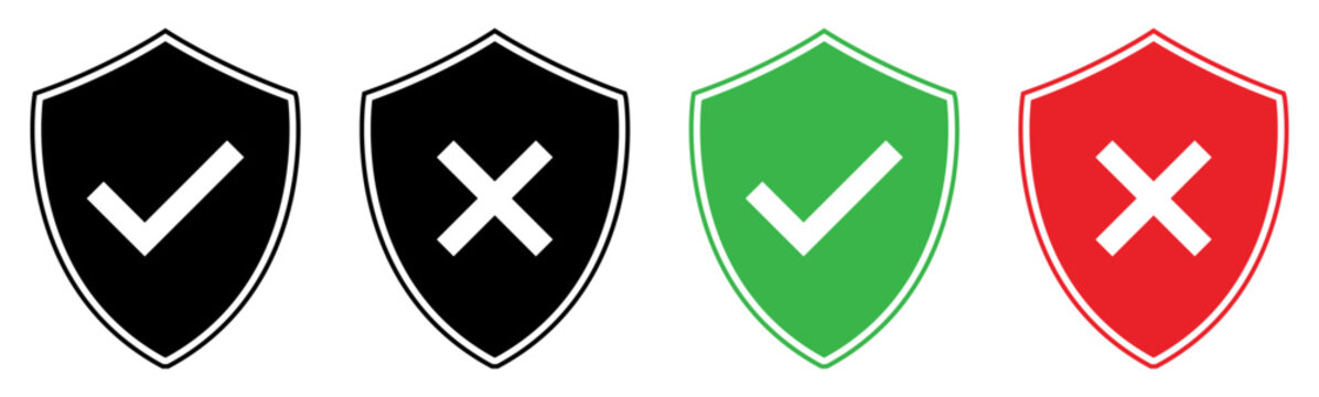 Set of security shield icon with check mark and cross mark symbol. Safety protection icons set in red, green, and black color. Isolated vector illustration.