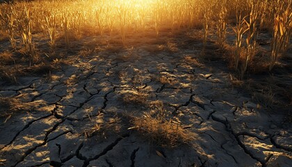 Dry cracked field with weathered crop land with sunrise