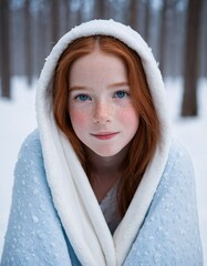 Obraz premium A young girl with red hair and freckles, wrapped in a blue and white blanket, smiles warmly in a snowy forest.