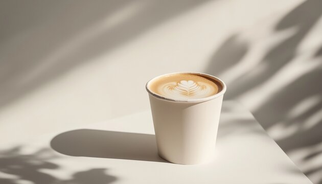 A paper cup coffee latte for drink with shadow light leaves on white table