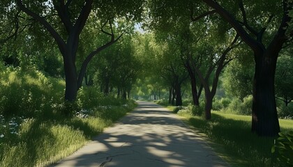 Fototapeta premium Green tree lined arranged pathway road in park for relaxation
