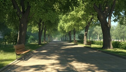Fototapeta premium Green tree lined arranged pathway road in park for relaxation