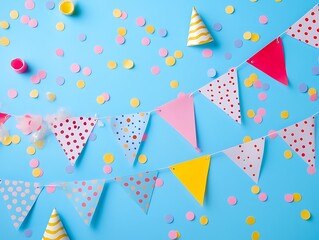 Fototapeta premium Bright and Cheerful Birthday Banner with Rainbow-Colored Bunting and Confetti on a White Background for Festive Celebrations and Party Decor