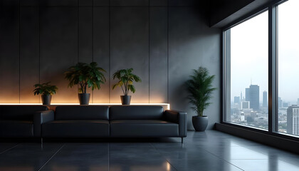 Fototapeta premium windows with a city view and modern black seating arrangements interior background