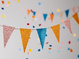 Obraz premium Bright and Cheerful Birthday Banner with Rainbow-Colored Bunting and Confetti on a White Background for Festive Celebrations and Party Decor
