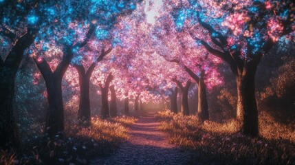 Fototapeta premium Magical path through glowing pink and blue trees.