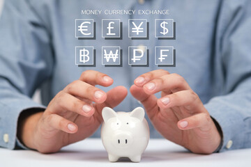 Person safeguarding a piggy bank, symbolizing savings and currency exchange in a financial context.