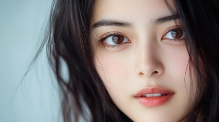 Obraz premium Beautiful young woman with long dark hair and captivating gaze in soft natural light portrait