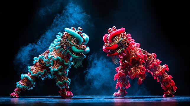 Two lion dancers in vibrant costumes perform a traditional dance against a smoky, dark background.