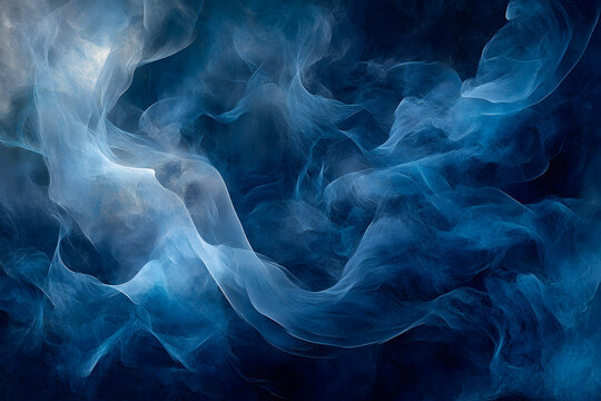 Graceful swirls of blue abstract smoke on a dark and atmospheric background