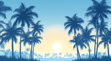 Fototapeta premium Beautiful sunrise view with view of palm trees and mountains retro neon color