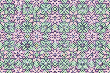 Vector seamless pattern. Repeating geometric tiles with hexagonal ornament. Red, green and blue colors.