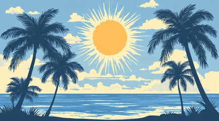 Obraz premium Beautiful sunrise view with view of palm trees and mountains retro neon color