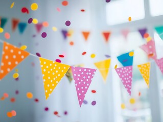 Obraz premium Bright and Cheerful Birthday Banner with Rainbow-Colored Bunting and Confetti on a White Background for Festive Celebrations and Party Decor