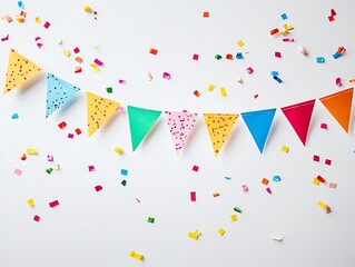 Bright and Cheerful Birthday Banner with Rainbow-Colored Bunting and Confetti on a White Background for Festive Celebrations and Party Decor
