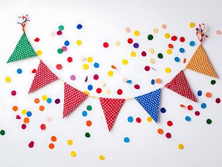 Obraz premium Bright and Cheerful Birthday Banner with Rainbow-Colored Bunting and Confetti on a White Background for Festive Celebrations and Party Decor