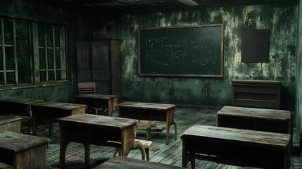 An abandoned school classroom with empty desks and a faded chalkboard, capturing the haunting beauty of decay in HD and realistic quality