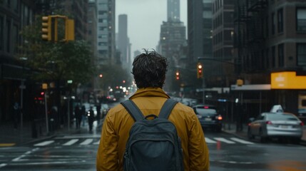 Man with backpack walking in rainy city street.