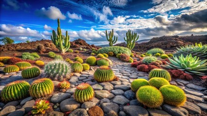 Fototapeta premium A Serene Garden Oasis Featuring Diverse Succulents and Cacti Arranged on a Cobblestone Path Under a Vivid Sky