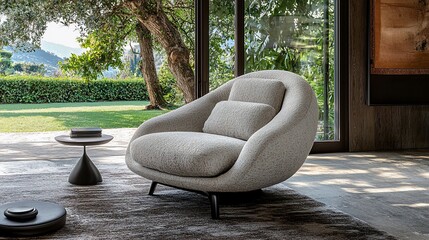 Modern armchair in living room with garden view.