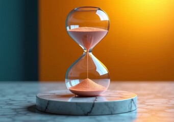 Elegant hourglass on marble surface with flowing sand against a vibrant background