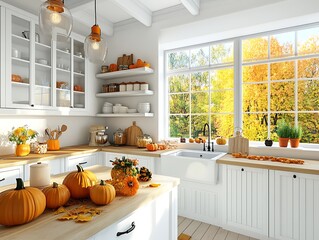 Bright and Cozy Modern Kitchen Decorated for Autumn with Mini Pumpkins, Fall Foliage, and Soft Natural Light Streaming Through the Windows