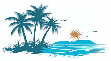 Beautiful sunrise view with view of palm trees and mountains retro neon color