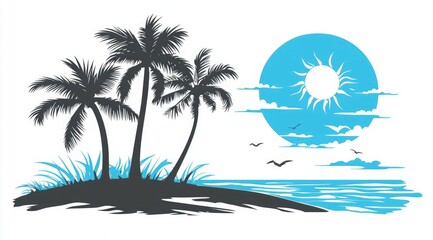 Beautiful sunrise view with view of palm trees and mountains retro neon color