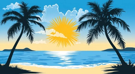 Obraz premium Beautiful sunrise view with view of palm trees and mountains retro neon color