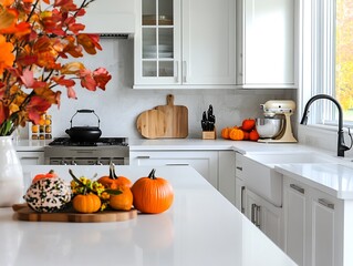 Bright and Cozy Modern Kitchen Decorated for Autumn with Mini Pumpkins, Fall Foliage, and Soft Natural Light Streaming Through the Windows