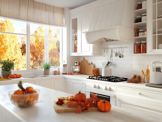 Bright and Cozy Modern Kitchen Decorated for Autumn with Mini Pumpkins, Fall Foliage, and Soft Natural Light Streaming Through the Windows
