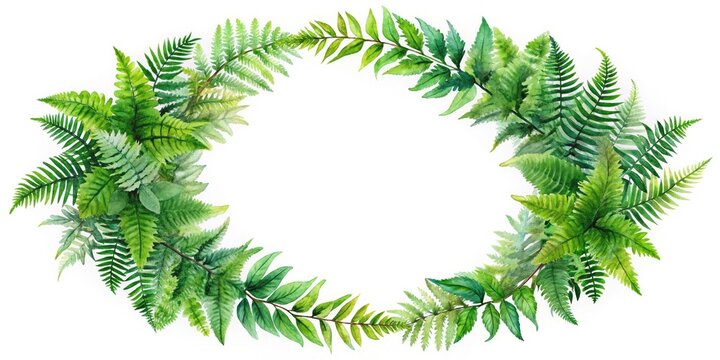 Emerald fern wreath clipart, lush wild green leaves and twigs.