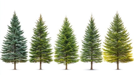 Five evergreen trees isolated on a white background showcase a gradient of colors from blue-green to yellowish-green. Ideal for seasonal designs or environmental projects.